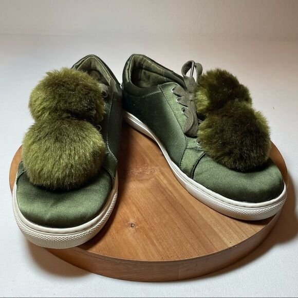 JSlides Olive green satiny Pom Pom slip ons - Picture 11 of 11
